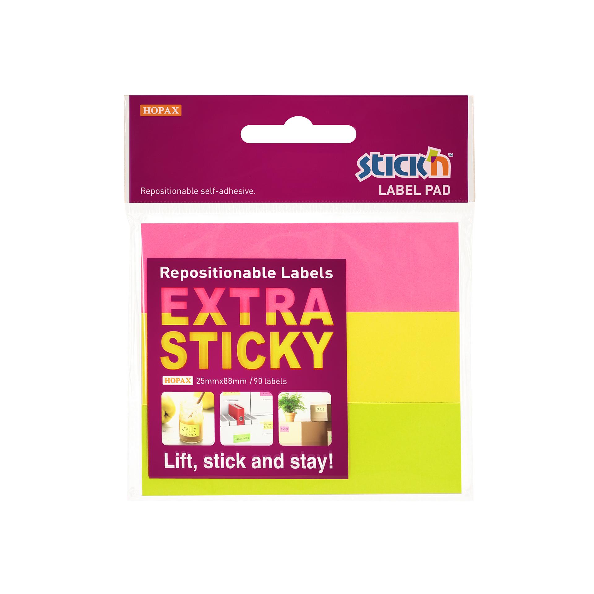Stick'n Самозалепващи листчета, тип етикет, 25 x 88 mm, неонови, 3 цвята, 90 листа