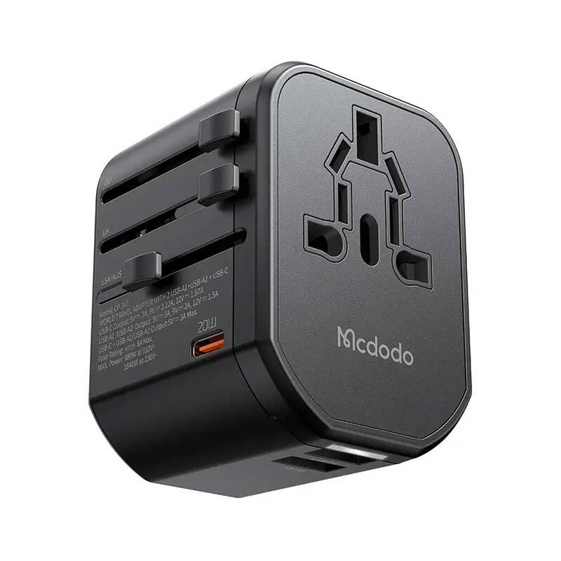 Mcdodo Universal World Wall Charger 20W (CP-3471) - захранване с 1xUSB-C и 2xUSB-A изхода и преходници за цял свят в едно устройство за мобилни устройства (черен)