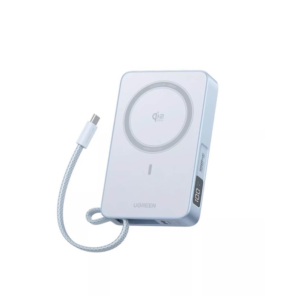 Преносима външна батерия вграден USB-C кабел, USB-C порт и безжично зареждане с MagSafe - Ugreen MagFlow Qi2.2 Magnetic Power Bank 10000 mAh 22.5W (светлосин) | JAR Computers Преносима външна батерия вграден USB-C кабел, USB-C порт и безжично зареждане с MagSafe - Ugreen MagFlow Qi2.2 Magnetic Power Bank 10000 mAh 22.5W (светлосин)