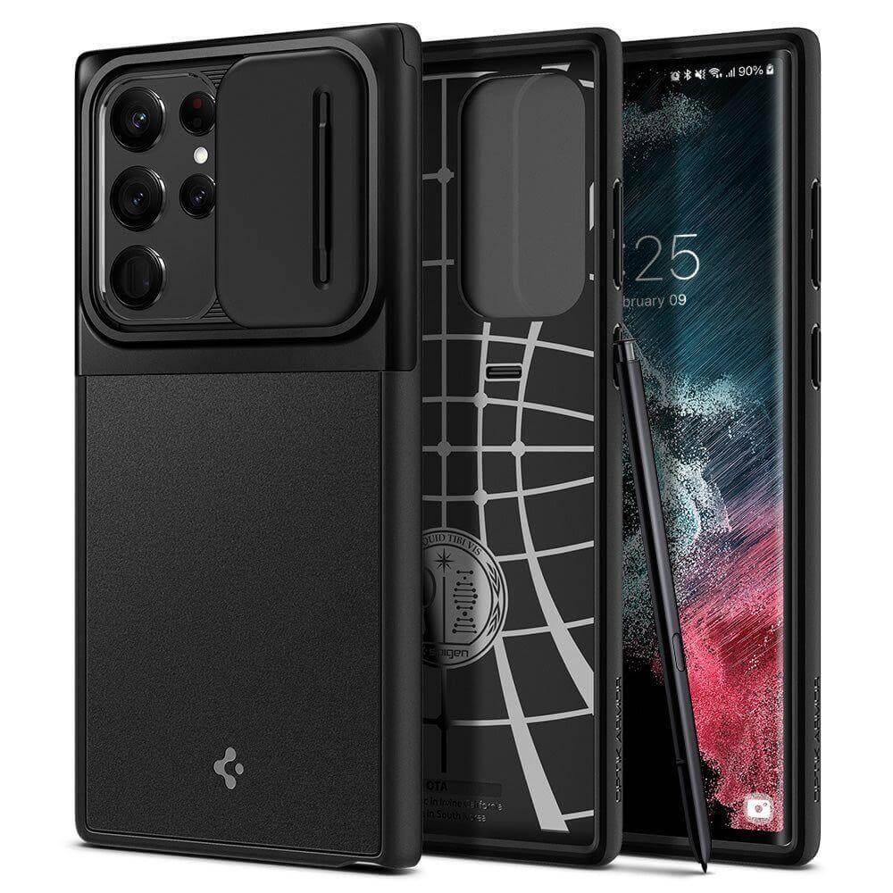 Тънък качествен силиконов (TPU) калъф с капак за камерата за Samsung Galaxy S22 Ultra - Spigen Optik Armor Case (черен) | JAR Computers Тънък качествен силиконов (TPU) калъф с капак за камерата за Samsung Galaxy S22 Ultra - Spigen Optik Armor Case (черен)