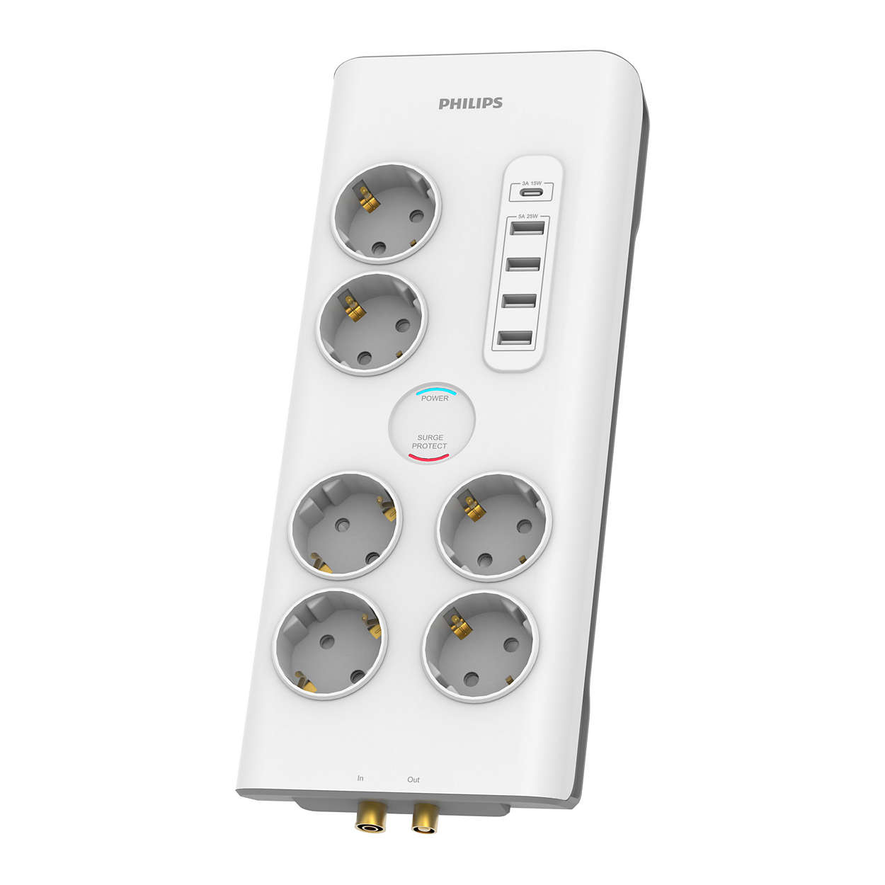 Philips SPN7061WA 6 AC Outlets With USB-A and USB-C Ports Extension Power Strip 3680W - разклонител с 4xUSB-A и 1хUSB-C порта и 6хAC изхода (бял)