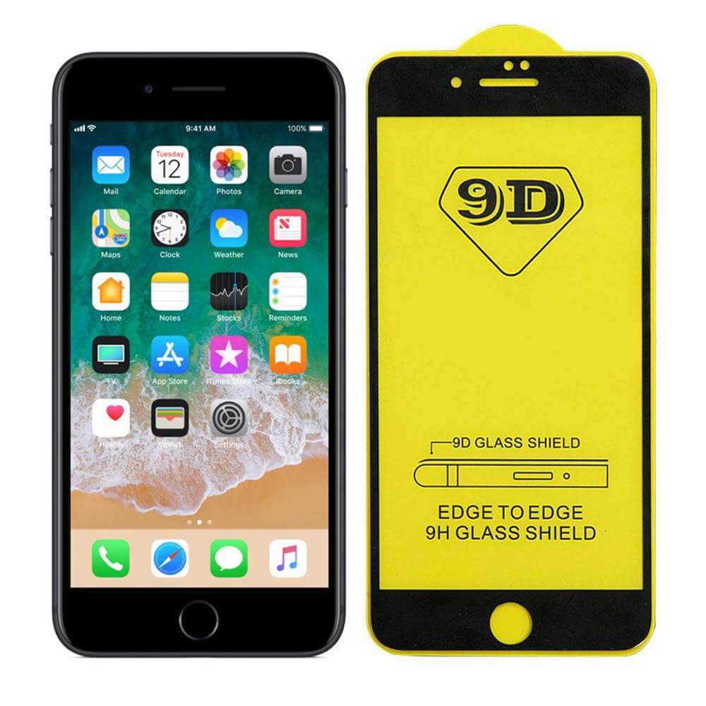 Premium Full Glue 9D Edge to Edge Tempered Glass - обхващащо и ръбовете стъклено защитно покритие за дисплея на iPhone SE (2022), iPhone SE (2020), iPhone 8, iPhone 7 (черен)