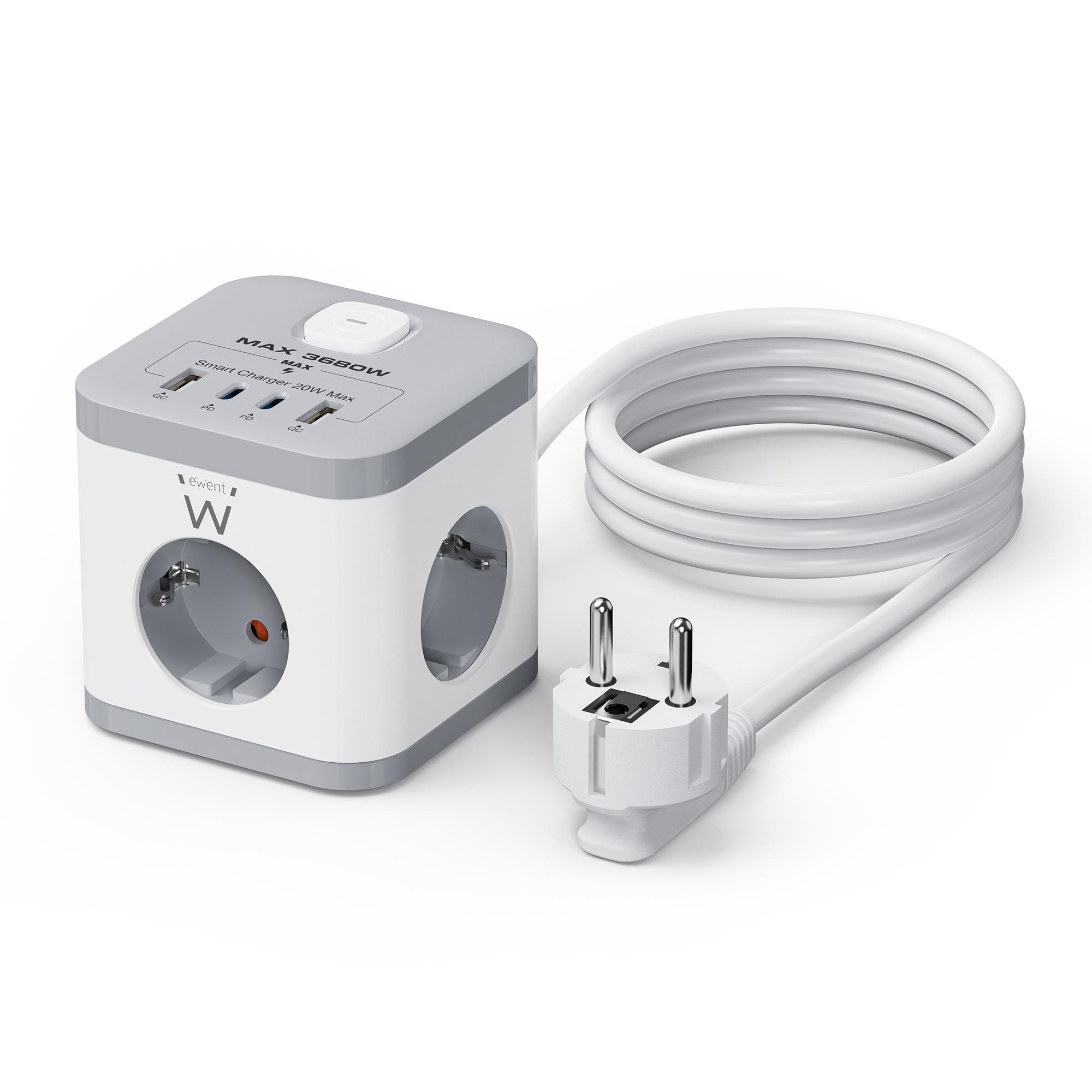 Ewent EW3863 Power Tower разклонител с 3 гнезда, USB-A и USB-C PD портове, защита от пренапрежение и детска защита | JAR Computers Ewent EW3863 Power Tower разклонител с 3 гнезда, USB-A и USB-C PD портове, защита от пренапрежение и детска защита