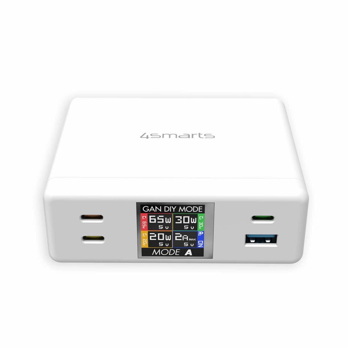 Захранване за ел. мрежа за лаптопи, смартфони и таблети с 1xUSB-A и 3xUSB-C изходи с технология за бързо зареждане - 4smarts Desk Charger GaN DIY MODE 130W (бял) | JAR Computers Захранване за ел. мрежа за лаптопи, смартфони и таблети с 1xUSB-A и 3xUSB-C изходи с технология за бързо зареждане - 4smarts Desk Charger GaN DIY MODE 130W (бял)