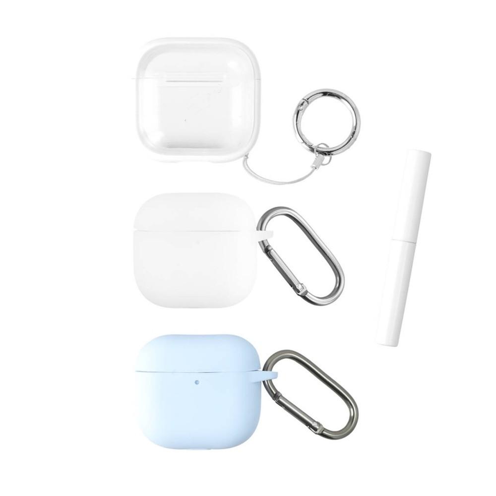4smarts Omega AirPods 4 Case Set - комплект калъфи с карабинер и ключодържател за Apple AirPods 4, AirPods 3 (прозрачен, бял и светлосин)