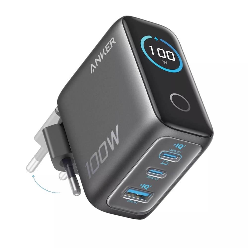 Захранване за ел. мрежа за лаптопи, смартфони и таблети с USB-A и 2xUSB-C изходи с технология за бързо зареждане - Anker GaN Wall Charger Smart Display 100W (тъмносив) | JAR Computers Захранване за ел. мрежа за лаптопи, смартфони и таблети с USB-A и 2xUSB-C изходи с технология за бързо зареждане - Anker GaN Wall Charger Smart Display 100W (тъмносив)