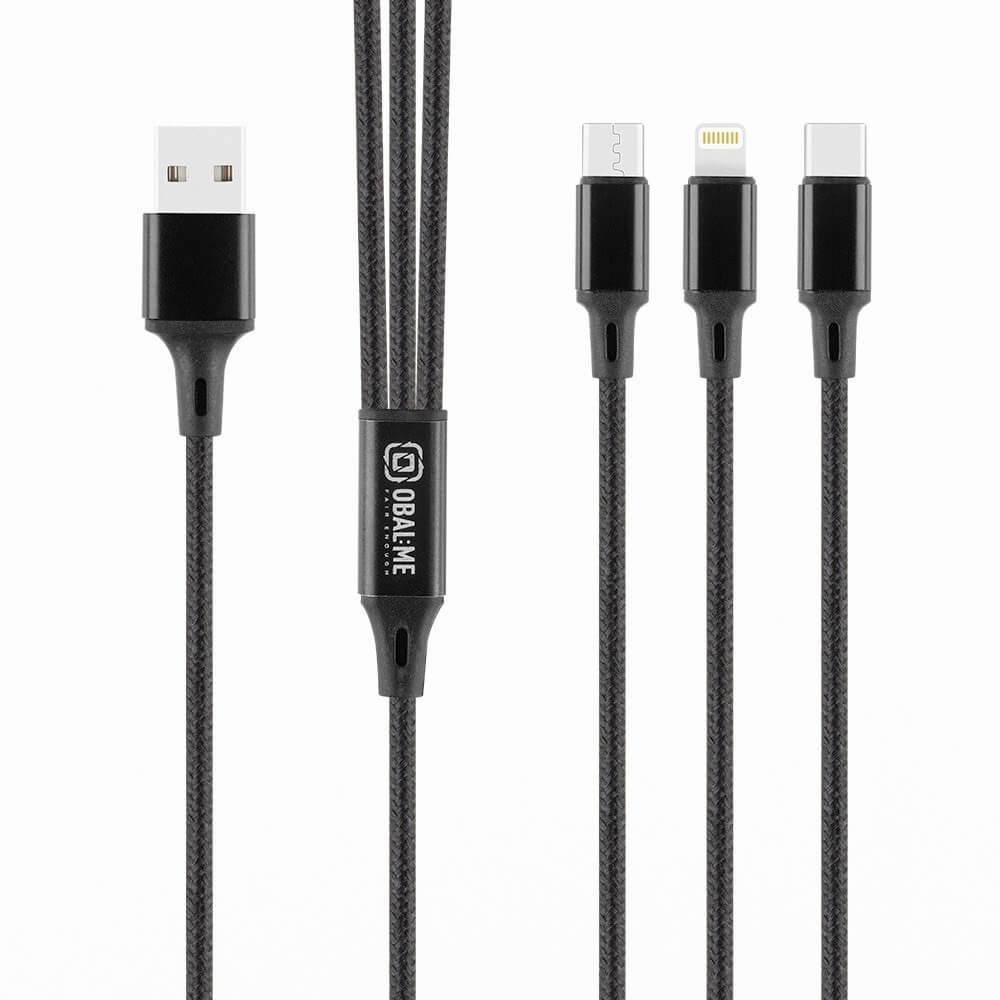 OBALME AllConnect 3-in-1 USB-A Fast Charging Cable 12W - универсален USB-A кабел с Lightning, microUSB и USB-C конектори (120 см) (черен)