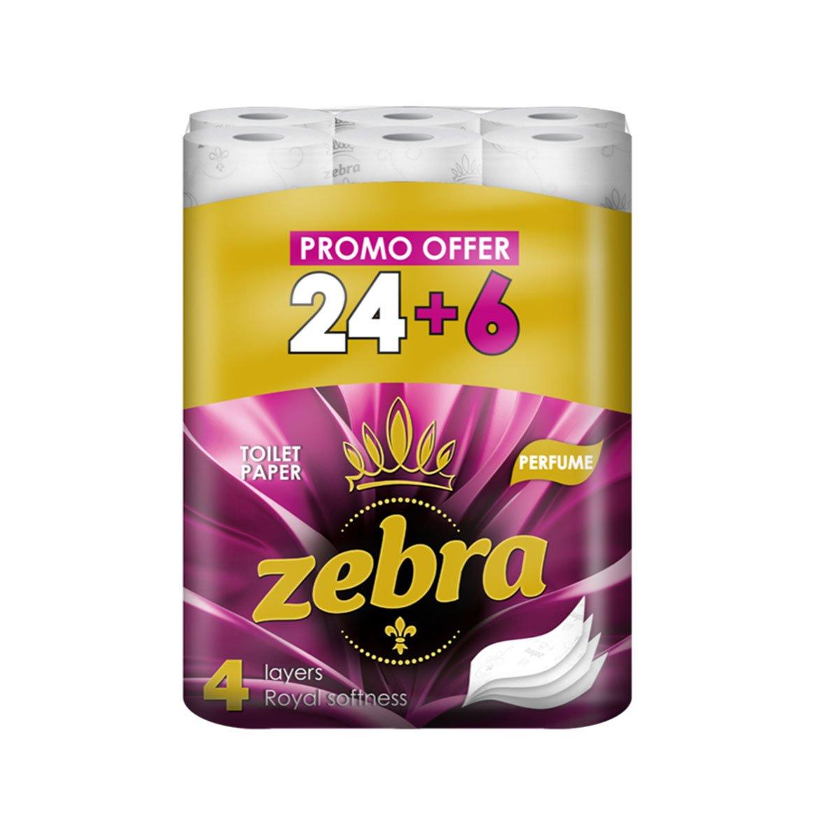 Тоалетна хартия Zebra Perfume, четирипластова, 130 къса, 24+6 броя | JAR Computers Тоалетна хартия Zebra Perfume, четирипластова, 130 къса, 24+6 броя