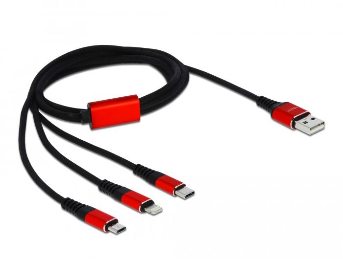 Кабел за зареждане Delock  3 в 1, USB - Lightning/ Micro USB/ USB-C, 1м, Черен/Червен | JAR Computers Кабел за зареждане Delock  3 в 1, USB - Lightning/ Micro USB/ USB-C, 1м, Черен/Червен