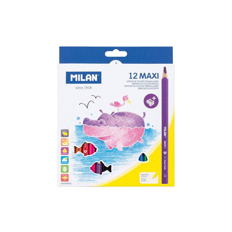 Milan Цветни моливи Maxi Tri, 5 mm, 12 цвята, с включена острилка