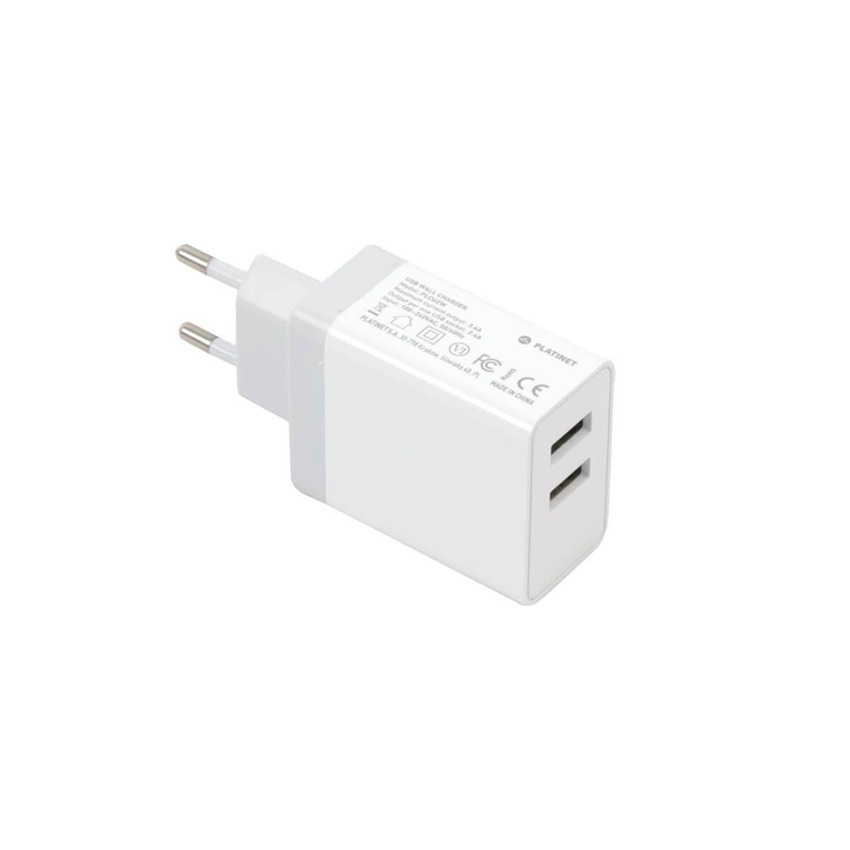 Захранване за ел. мрежа 3.4A с два USB изхода и microUSB кабел (бял) - Platinet Wall Charger 2 x USB 3.4A + microUSB cable 1m | JAR Computers Захранване за ел. мрежа 3.4A с два USB изхода и microUSB кабел (бял) - Platinet Wall Charger 2 x USB 3.4A + microUSB cable 1m