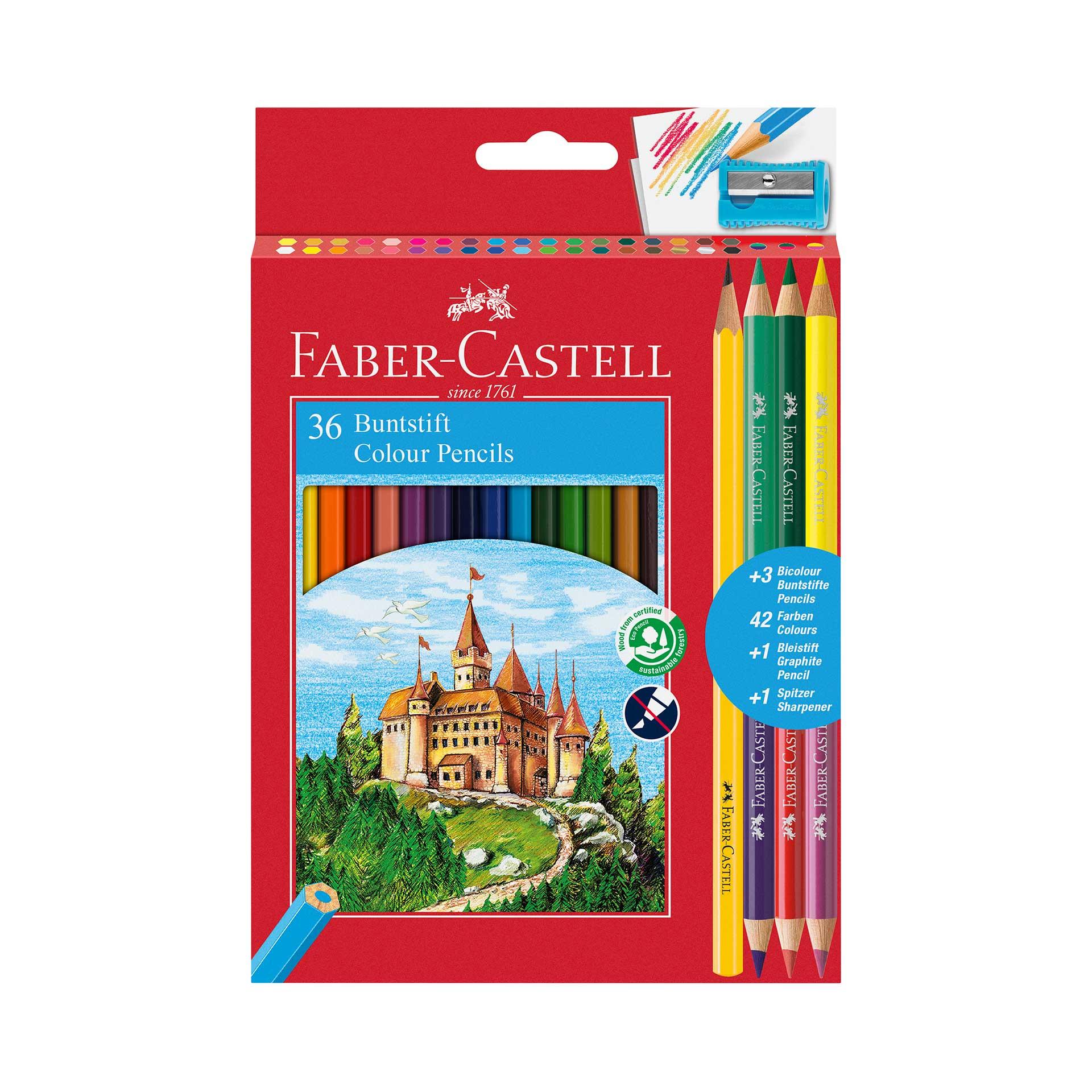 Faber-Castell Цветни моливи Замък 36+6+1 цвята, с включена острилка