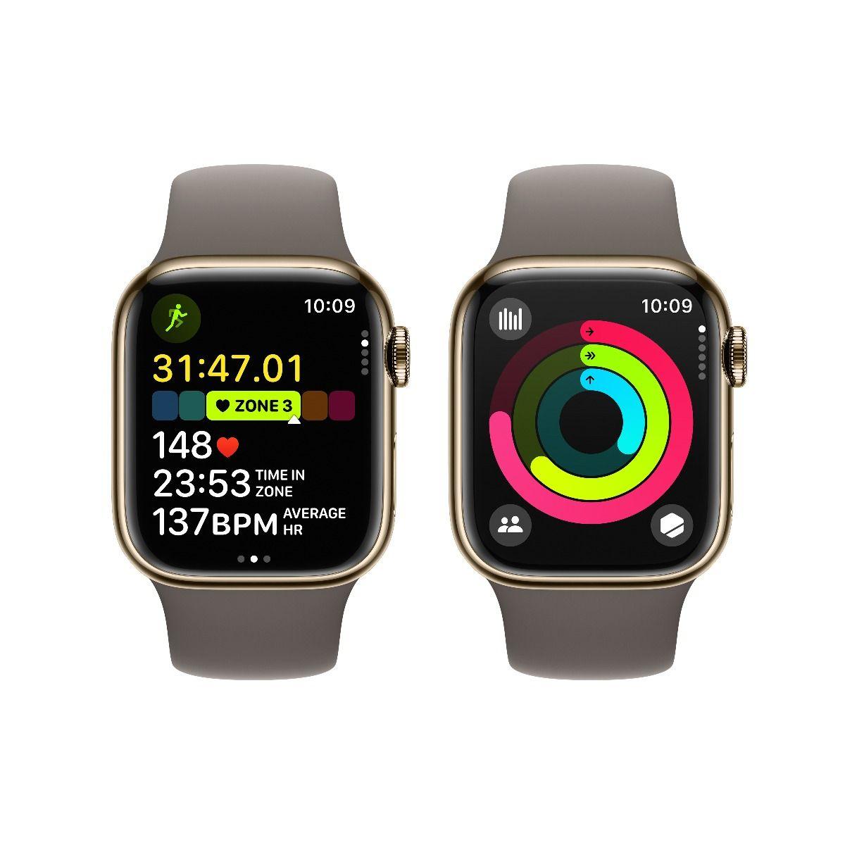 Умен часовник от Apple - Apple Watch Series 9 Cellular, 41mm Gold Stainless Steel Case with Clay Sport Band S/M | JAR Computers Умен часовник от Apple - Apple Watch Series 9 Cellular, 41mm Gold Stainless Steel Case with Clay Sport Band S/M