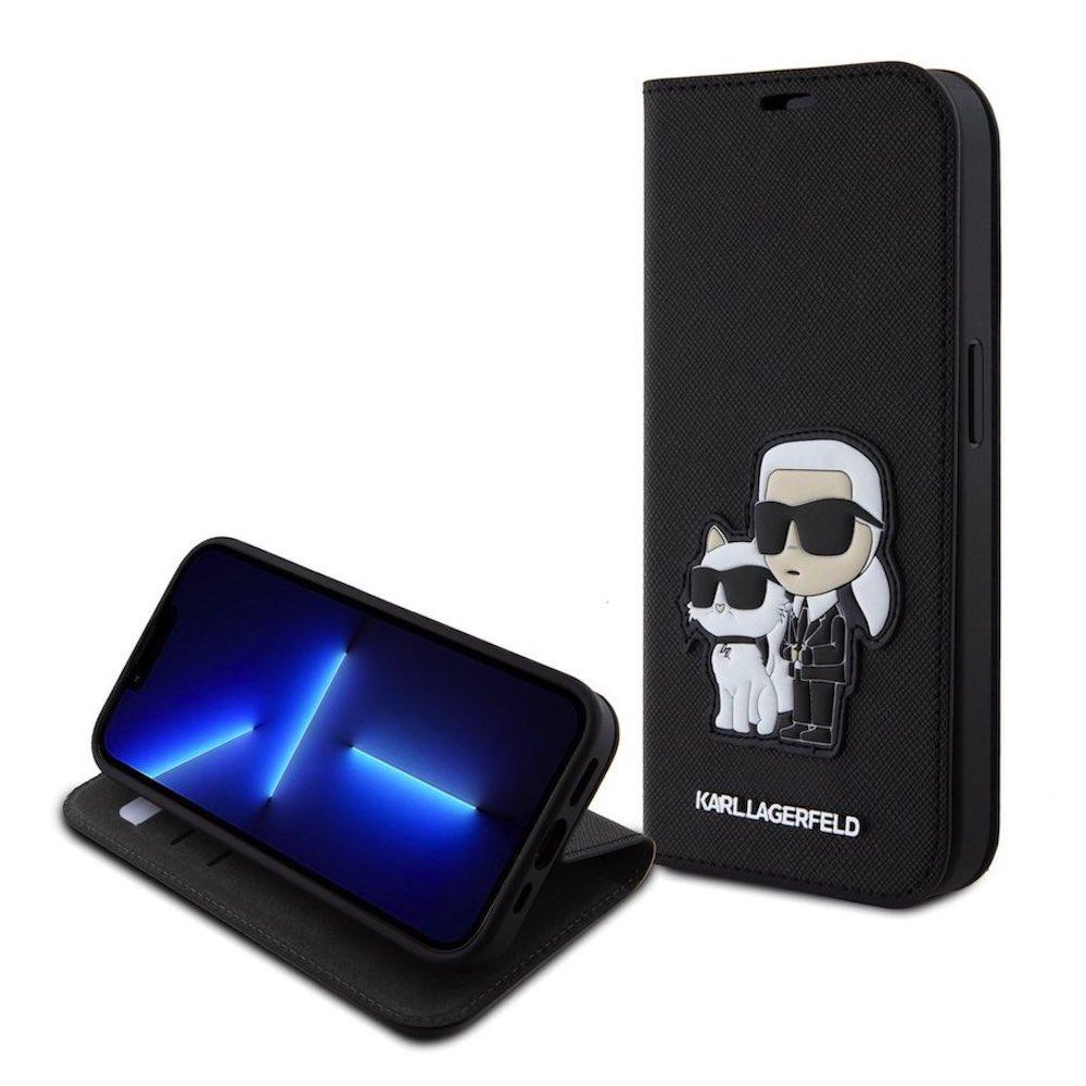 Дизайнерски кожен калъф, тип портфейл за iPhone 15 Pro Max - Karl Lagerfeld PU Saffiano Karl and Choupette NFT Book Case (черен) | JAR Computers Дизайнерски кожен калъф, тип портфейл за iPhone 15 Pro Max - Karl Lagerfeld PU Saffiano Karl and Choupette NFT Book Case (черен)