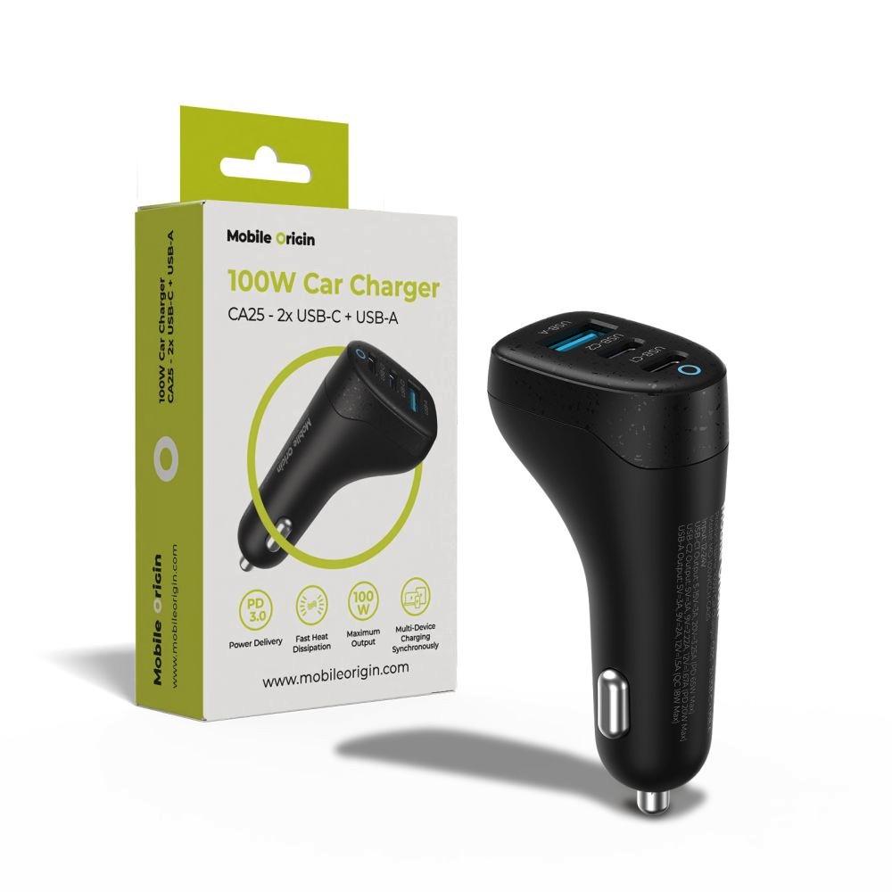 Зарядно за кола с 2xUSB-C и USB-A изходи с технология за бързо зареждане и USB-C към USB-C кабел - Mobile Origin CA25 Triple Quick Car Charger 100W (черен) | JAR Computers Зарядно за кола с 2xUSB-C и USB-A изходи с технология за бързо зареждане и USB-C към USB-C кабел - Mobile Origin CA25 Triple Quick Car Charger 100W (черен)