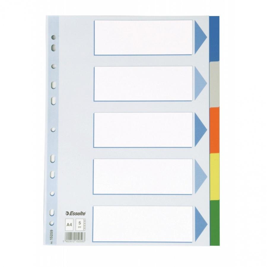 Цветен разделител Esselte, 5 теми, PP 120 mic, A4, подсилена европерфорация, лицева страница | JAR Computers Цветен разделител Esselte, 5 теми, PP 120 mic, A4, подсилена европерфорация, лицева страница