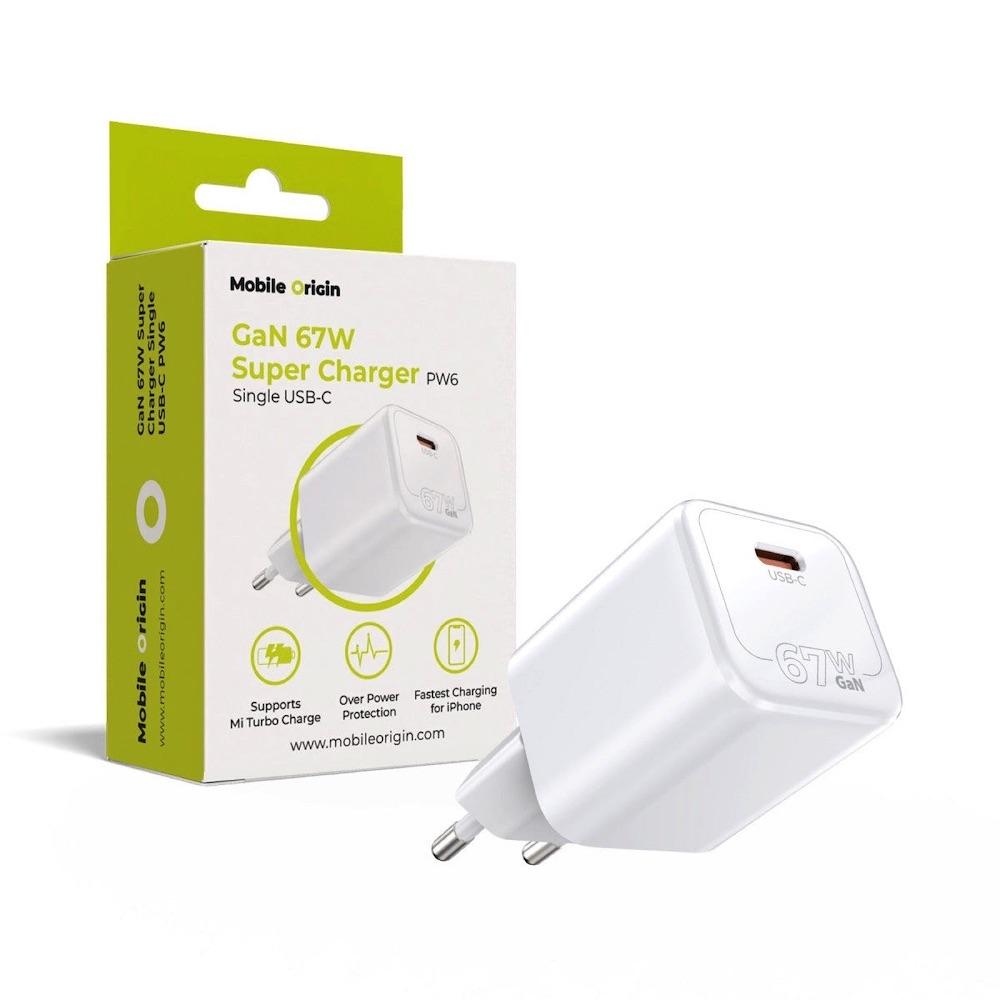 Захранване за ел. мрежа за лаптопи, смартфони и таблети с USB-C изход с технология за бързо зареждане - Mobile Origin PW6 PD GaN Super Wall Charger 67W USB-C (бял) | JAR Computers Захранване за ел. мрежа за лаптопи, смартфони и таблети с USB-C изход с технология за бързо зареждане - Mobile Origin PW6 PD GaN Super Wall Charger 67W USB-C (бял)