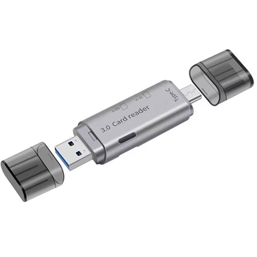 Четец за карти DeTech, USB Type-C - USB 3.0 OTG, SD, TF, сребрист - 17854
