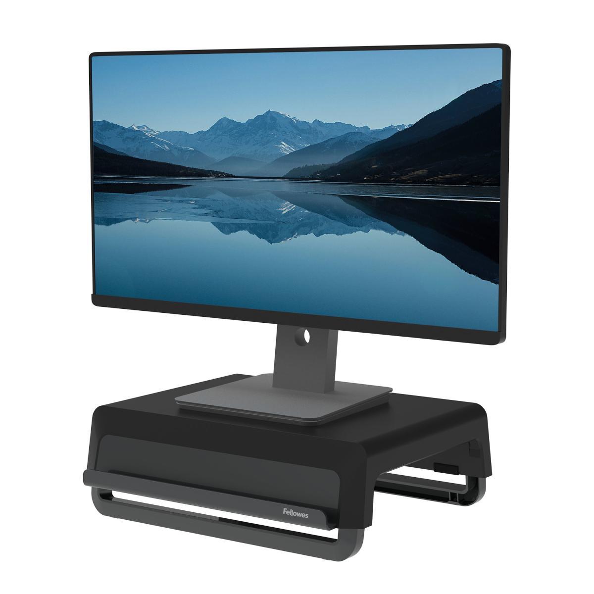 Fellowes Computer Monitor Stand with 3 Height Adjustments - Breyta Monitor Riser with Cable Management - Ergonomic Adjustable Monitor Stand for Computers - Max Weight 15KG - Black | JAR Computers Fellowes Computer Monitor Stand with 3 Height Adjustments - Breyta Monitor Riser with Cable Management - Ergonomic Adjustable Monitor Stand for Computers - Max Weight 15KG - Black