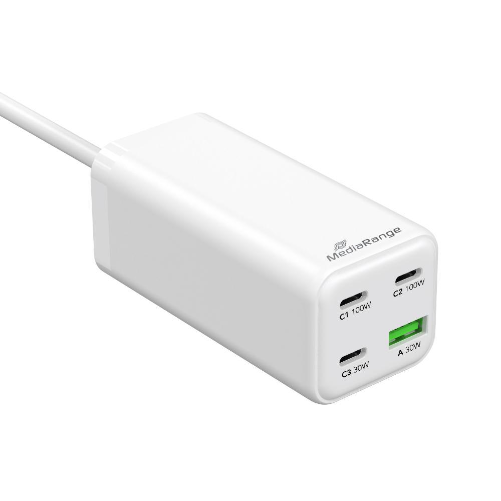 MediaRange 100W GaN Fast Charging Station, 1.5m Cable (EU-Plug), 3x USB-C and 1x USB-A, USB-C® Power Delivery and Quick Charge enabled, White (MRMA124) | JAR Computers MediaRange 100W GaN Fast Charging Station, 1.5m Cable (EU-Plug), 3x USB-C and 1x USB-A, USB-C® Power Delivery and Quick Charge enabled, White (MRMA124)