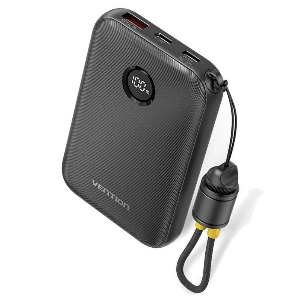 VENTION 10000mAh Power Bank (USB-C + USB-C/USB-C/USB-A) with Built-in USB-C to USB-C Cable 22.5W Black LED Display Type (FKAB0-C) (VENFKAB0-C)