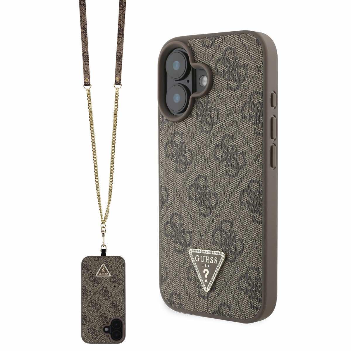 Дизайнерски кожен кейс с връзка за носене през врата за iPhone 16 - Guess PU 4G Strass Triangle Metal Logo Case With Crossbody Strap (кафяв) | JAR Computers Дизайнерски кожен кейс с връзка за носене през врата за iPhone 16 - Guess PU 4G Strass Triangle Metal Logo Case With Crossbody Strap (кафяв)