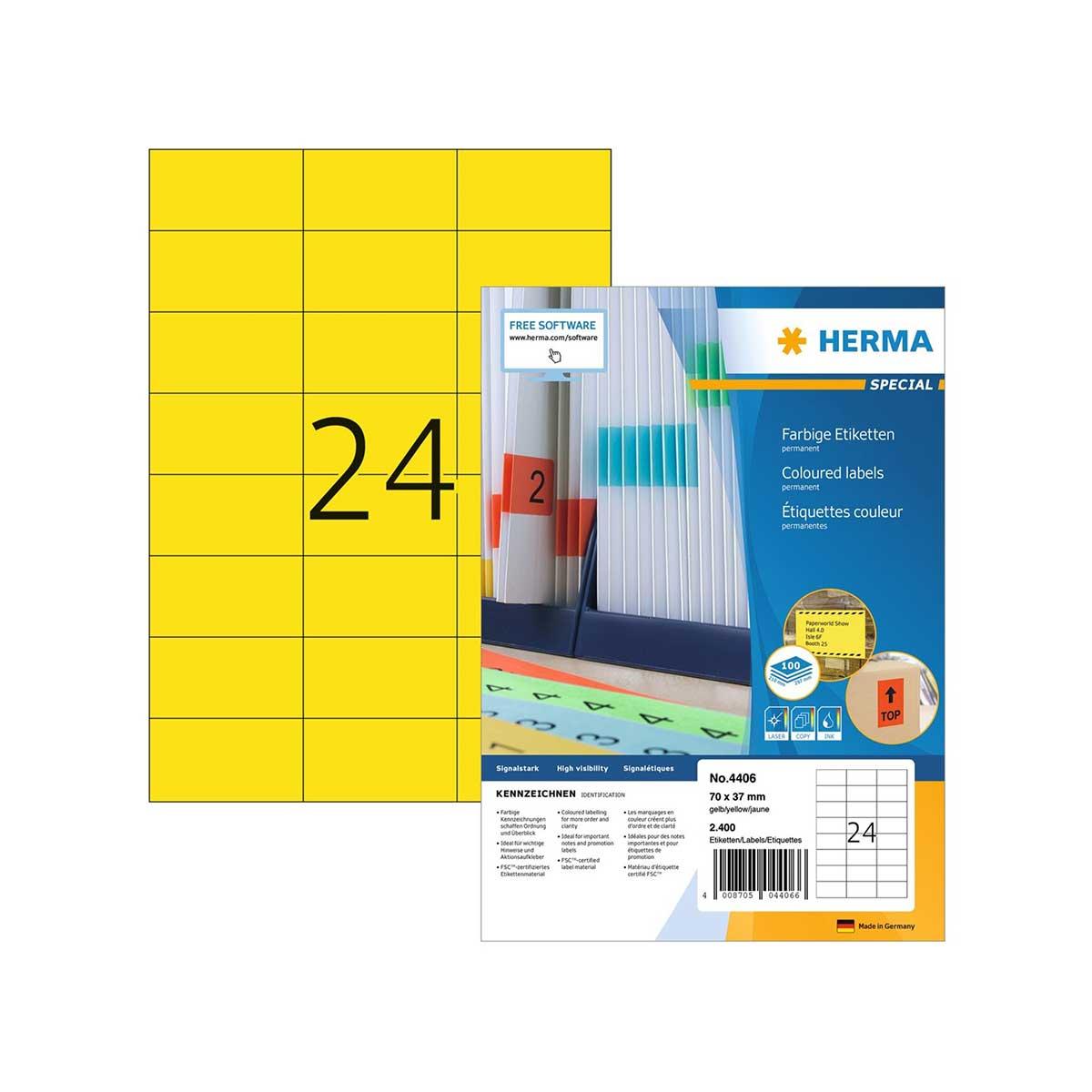 Herma Самозалепващи се етикети, A4, 70 х 37 mm, жълти, 24 броя, 100 листа