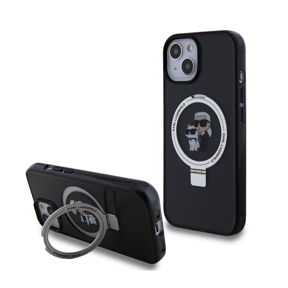 Хибриден удароустойчив кейс с MagSafe за iPhone 15 - Karl Lagerfeld Ringstand Karl and Choupette MagSafe Case (черен-прозрачен) | JAR Computers Хибриден удароустойчив кейс с MagSafe за iPhone 15 - Karl Lagerfeld Ringstand Karl and Choupette MagSafe Case (черен-прозрачен)