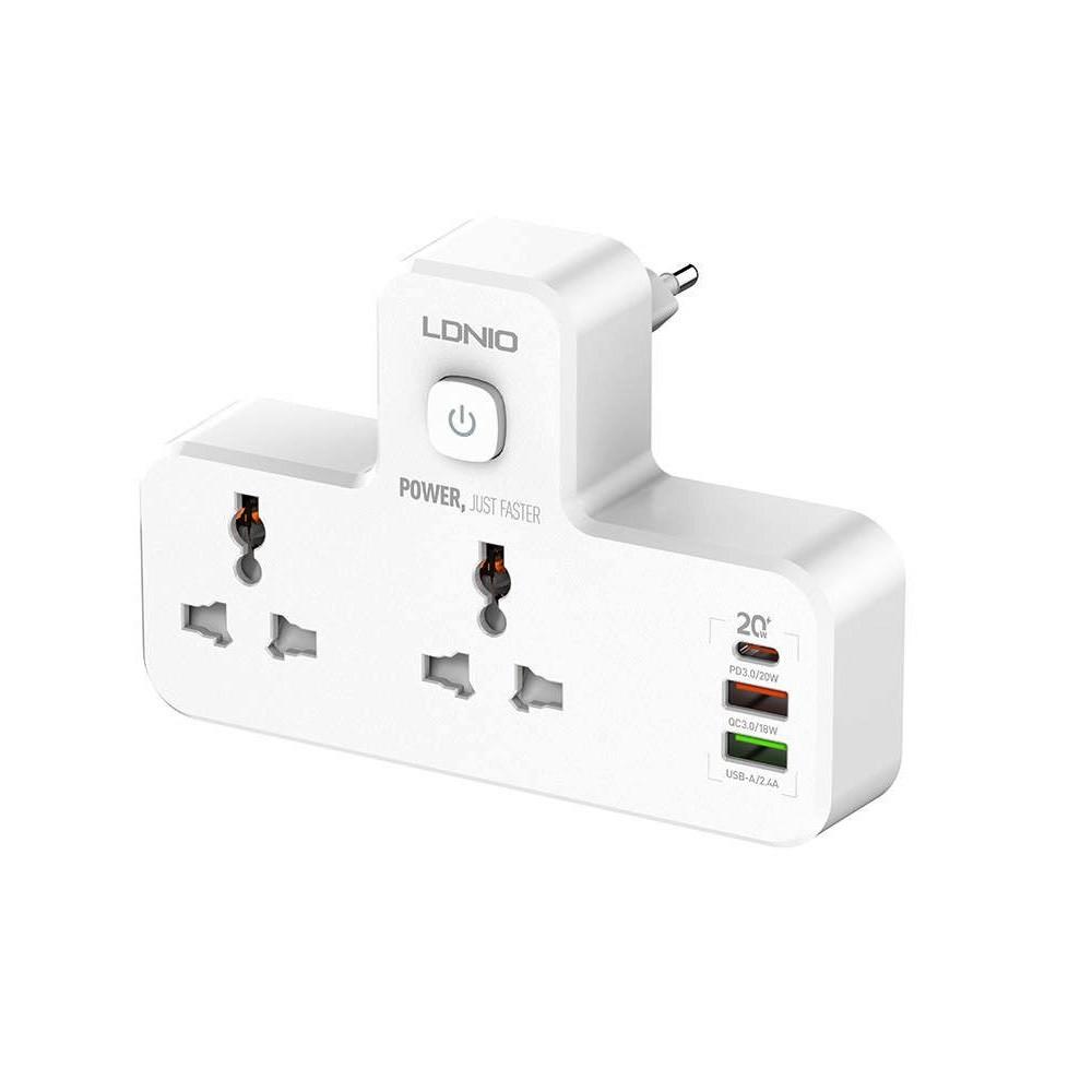 LDNIO SC2311 Power Strip With Night Light 2500W - разклоните л с 2 AC изхода и вградени 1хUSB-C и 2хUSB-A изхода с вградена нощна лампа (бял) 