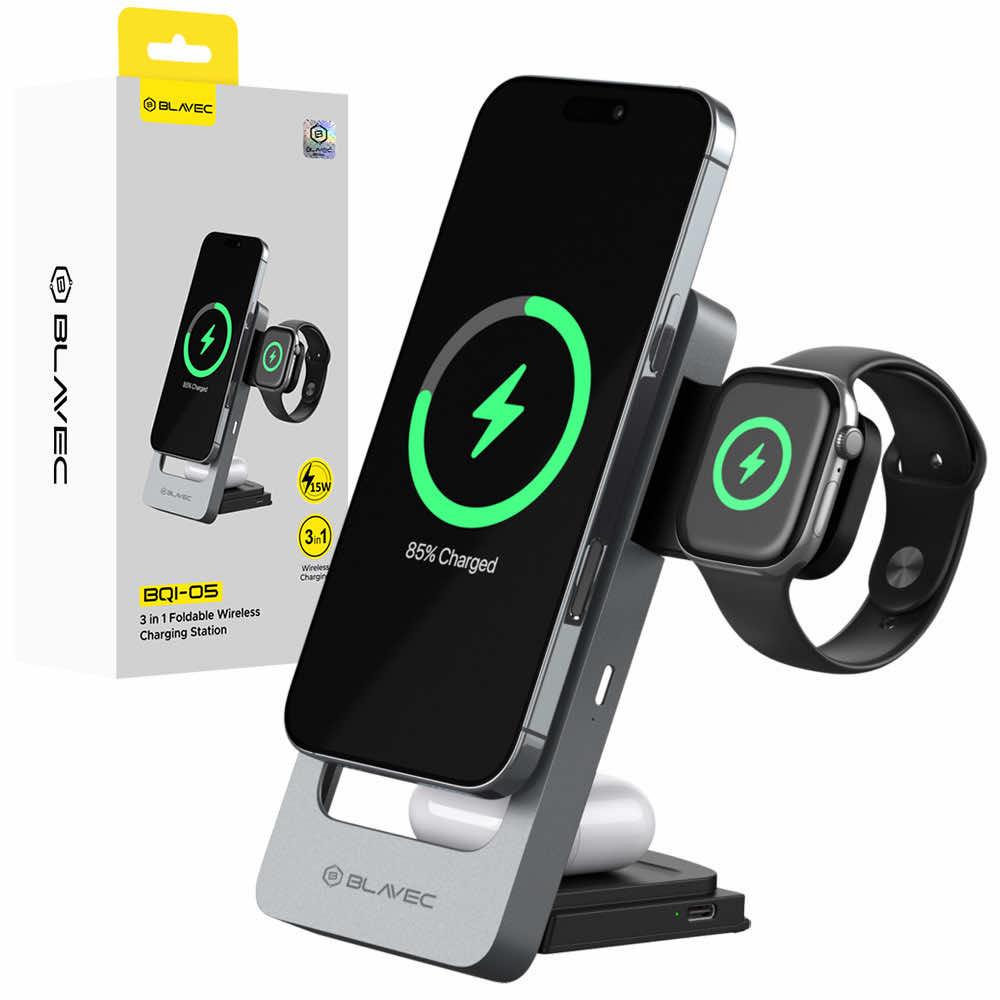 Тройна поставка (пад) за безжично зареждане за iPhone с MagSafe, Apple Watch, AirPods и Qi съвместими мобилни устройства - Blavec BQI-05 3-in-1 Magnetic Wireless Charger 15W (сребрист) | JAR Computers Тройна поставка (пад) за безжично зареждане за iPhone с MagSafe, Apple Watch, AirPods и Qi съвместими мобилни устройства - Blavec BQI-05 3-in-1 Magnetic Wireless Charger 15W (сребрист)