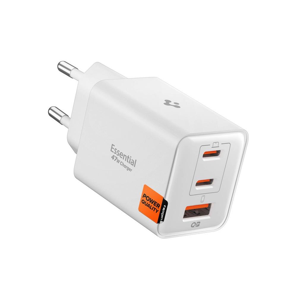 Захранване за ел. мрежа за лаптопи, смартфони и таблети с USB-A и 2xUSB-C изходи с технология за бързо зареждане - Spigen Essential GaN Fast Wall Charger 47W (EE473EU) (бял) | JAR Computers Захранване за ел. мрежа за лаптопи, смартфони и таблети с USB-A и 2xUSB-C изходи с технология за бързо зареждане - Spigen Essential GaN Fast Wall Charger 47W (EE473EU) (бял)