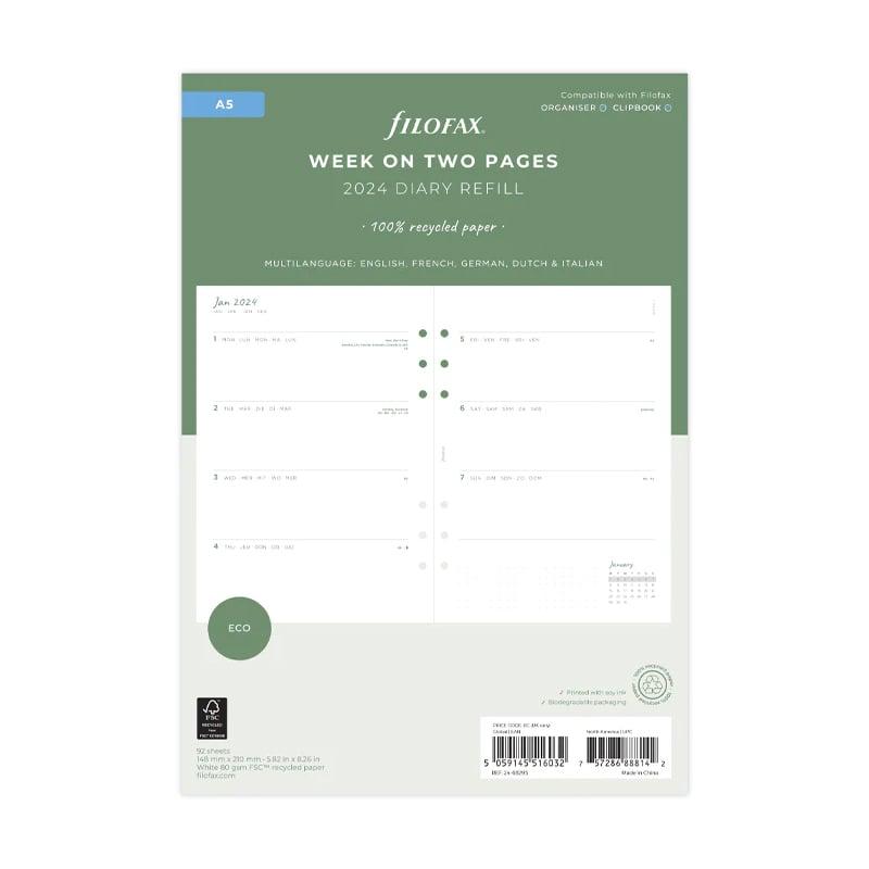 Filofax Пълнител за органайзер Eco, А5, за 2024 година, 1 седмица на 2 страници | JAR Computers Filofax Пълнител за органайзер Eco, А5, за 2024 година, 1 седмица на 2 страници