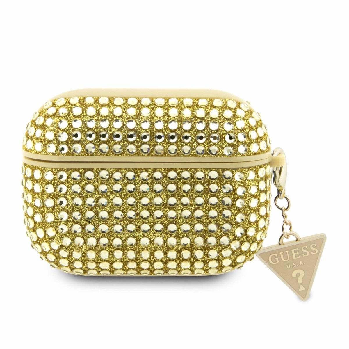 Кожен кейс с висулка за Apple Airpods Pro - Guess Airpods Pro Rhinestones Triangle Metal Logo Case (златист) | JAR Computers Кожен кейс с висулка за Apple Airpods Pro - Guess Airpods Pro Rhinestones Triangle Metal Logo Case (златист)