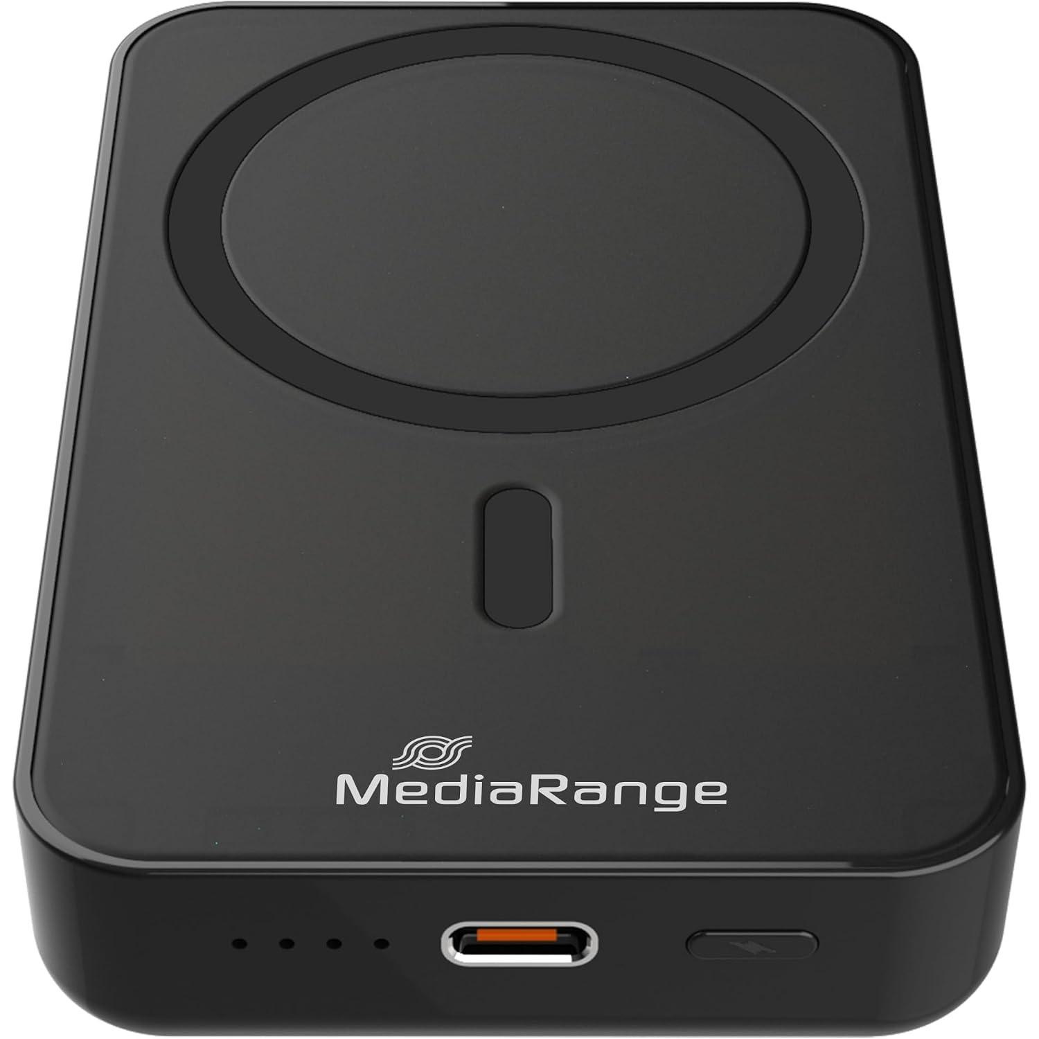 MediaRange Magnetic Wireless Power Bank 10,000mAh, N52 Magnets and LED Power Indicator, USB-C Power Delivery® enabled, Black (MRMA760)