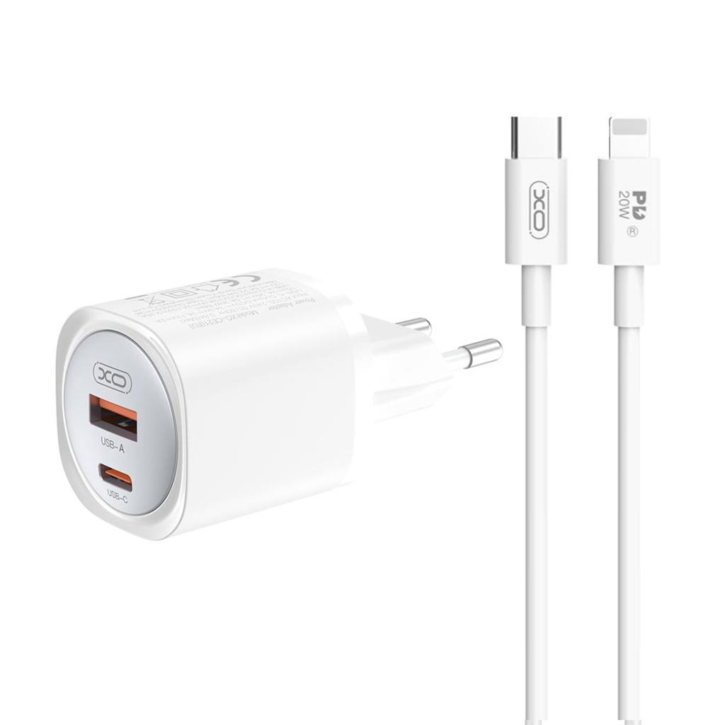 XO 220V 30W, USB-A + USB-C, кабел C-L, GaN Nitride, бял - CE21 | JAR Computers XO 220V 30W, USB-A + USB-C, кабел C-L, GaN Nitride, бял - CE21
