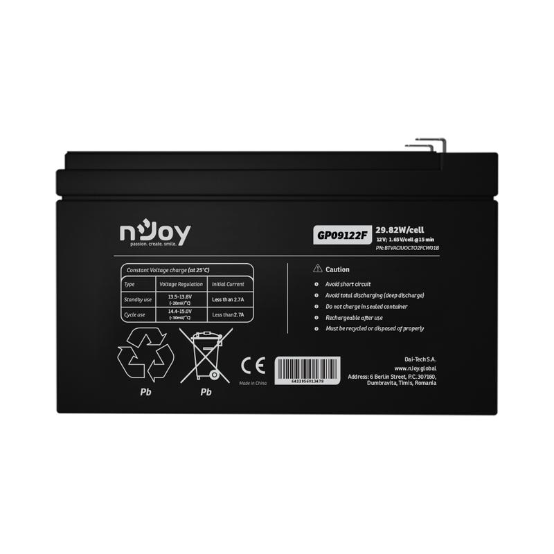 Батерия 12V 2982W/cell - 9Ah Тип VRLA без поддръжка F2 конектор - NJOY GP09122F | JAR Computers Батерия 12V 2982W/cell - 9Ah Тип VRLA без поддръжка F2 конектор - NJOY GP09122F