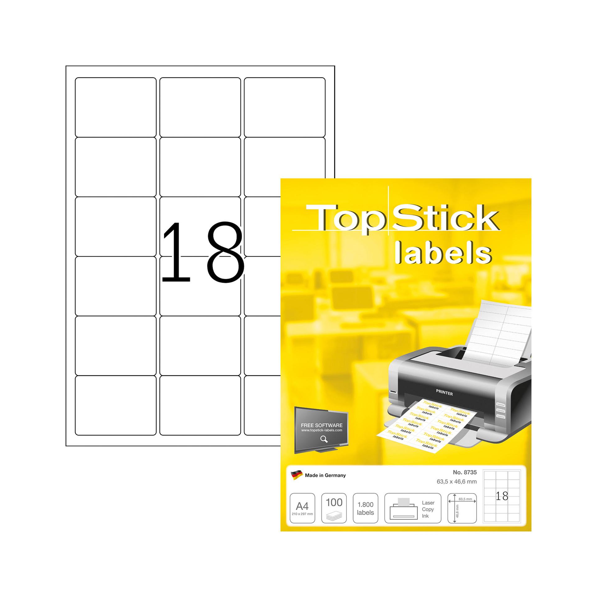 Top Stick Самозалепващи етикети, A4, заоблени, 63.5 х 46.6 mm, 18 броя, 100 листа