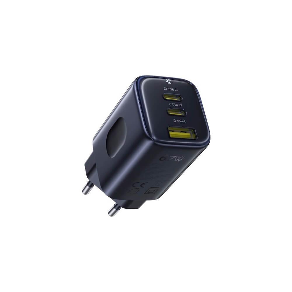 Захранване за ел. мрежа за лаптопи, смартфони и таблети с USB-A и 2xUSB-C изходи с технология за бързо зареждане - Baseus PicoGo AE11 GaN Triple Fast Wall Charger 67W (E0121200) (черен) | JAR Computers Захранване за ел. мрежа за лаптопи, смартфони и таблети с USB-A и 2xUSB-C изходи с технология за бързо зареждане - Baseus PicoGo AE11 GaN Triple Fast Wall Charger 67W (E0121200) (черен)