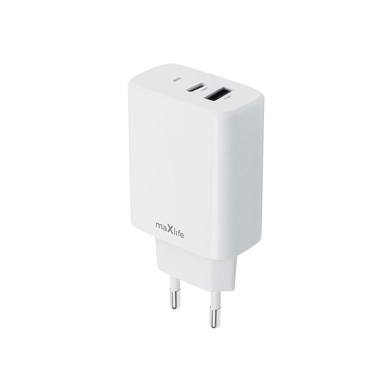 Зарядно PD QC 220V 1x USB-C + 1x USB, 20W, бяло Maxlife | JAR Computers Зарядно PD QC 220V 1x USB-C + 1x USB, 20W, бяло Maxlife