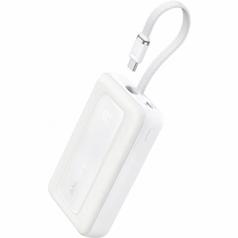 Anker Zolo Power Bank 30W 10000 mAh - външна батерия с вграден USB-C кабел, USB-C и USB-A портове и технология за бързо зареждане (бял)