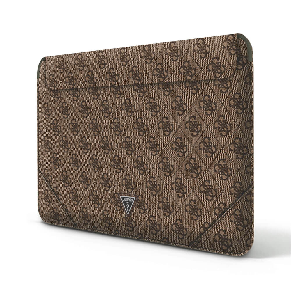 Guess 4G Triangle Metal Logo Notebook Sleeve - дизайнерски луксозен кожен калъф за MacBook Pro 16, MacBook Pro 15 и лаптопи до 16 инча (кафяв)