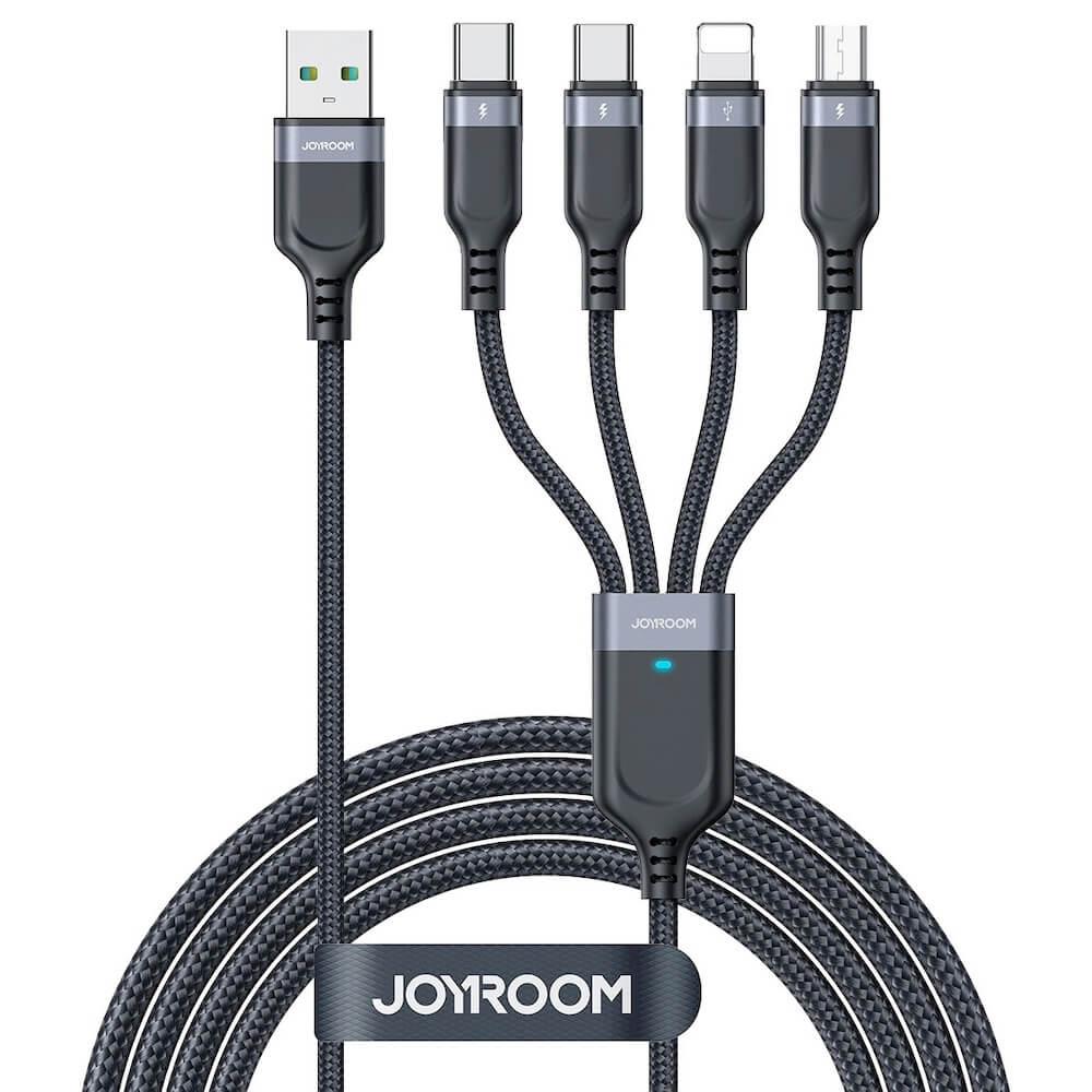 Joyroom Fast 4-in-1 Charging Data Cable 3.5A - универсален USB-A кабел с microUSB, Lightning и 2хUSB-C конектори (120 см) (черен)