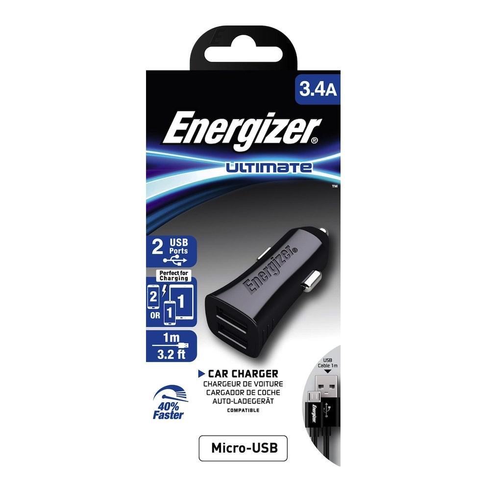 Зарядно за кола с два USB-A изхода и microUSB кабел за смартфони - Energizer Ultimate Car Charger 3.4A With microUSB Cable (черен) | JAR Computers Зарядно за кола с два USB-A изхода и microUSB кабел за смартфони - Energizer Ultimate Car Charger 3.4A With microUSB Cable (черен)