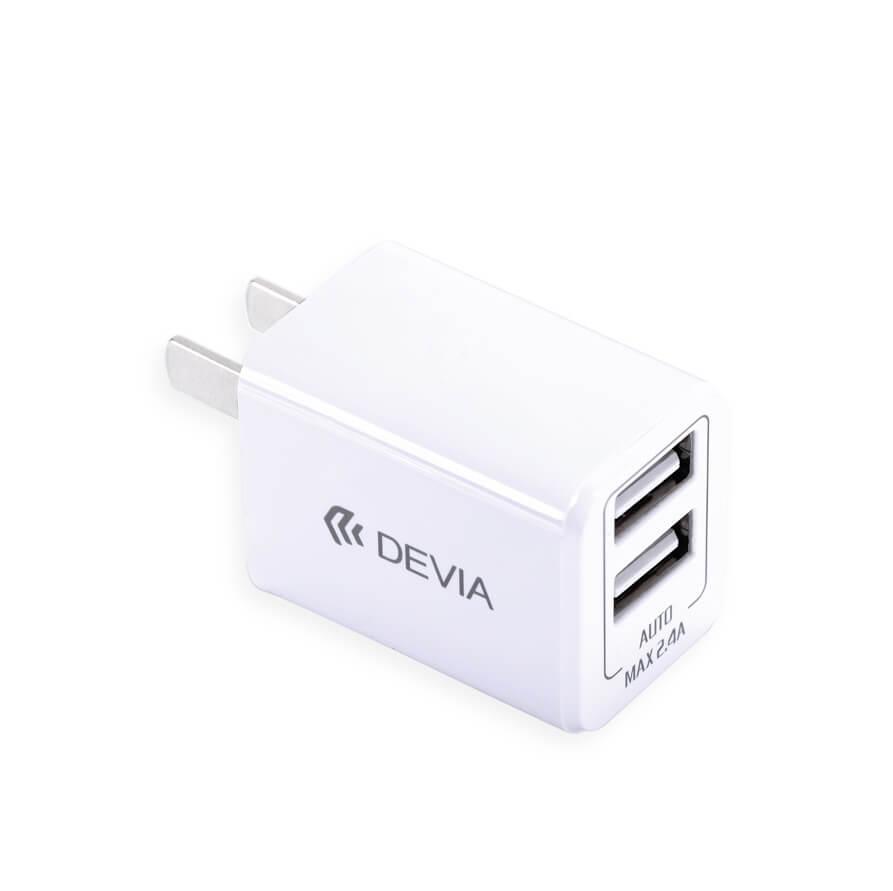 Захранване за ел. мрежа с 2xUSB изхода (2.4 ампера) - Devia Rockwall 2 Travel Charger US (бял) | JAR Computers Захранване за ел. мрежа с 2xUSB изхода (2.4 ампера) - Devia Rockwall 2 Travel Charger US (бял)