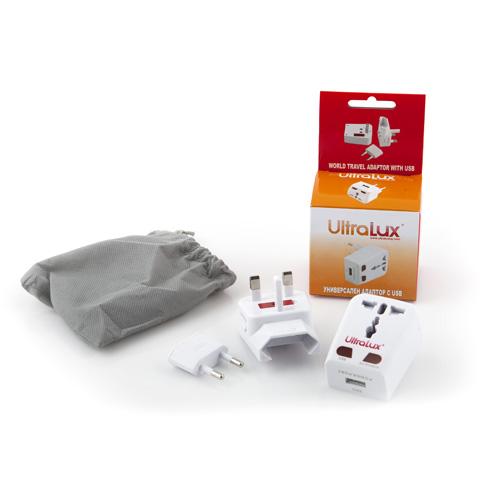 Универсално USB захранване за ел. мрежа с преходници за цял свят - Ultralux Universal World Travel USB 1A Charger (бял) | JAR Computers Универсално USB захранване за ел. мрежа с преходници за цял свят - Ultralux Universal World Travel USB 1A Charger (бял)