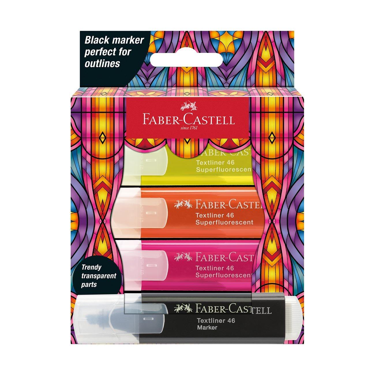 Faber-Castell Текст маркер, 1 черен и 3 неонови цвята