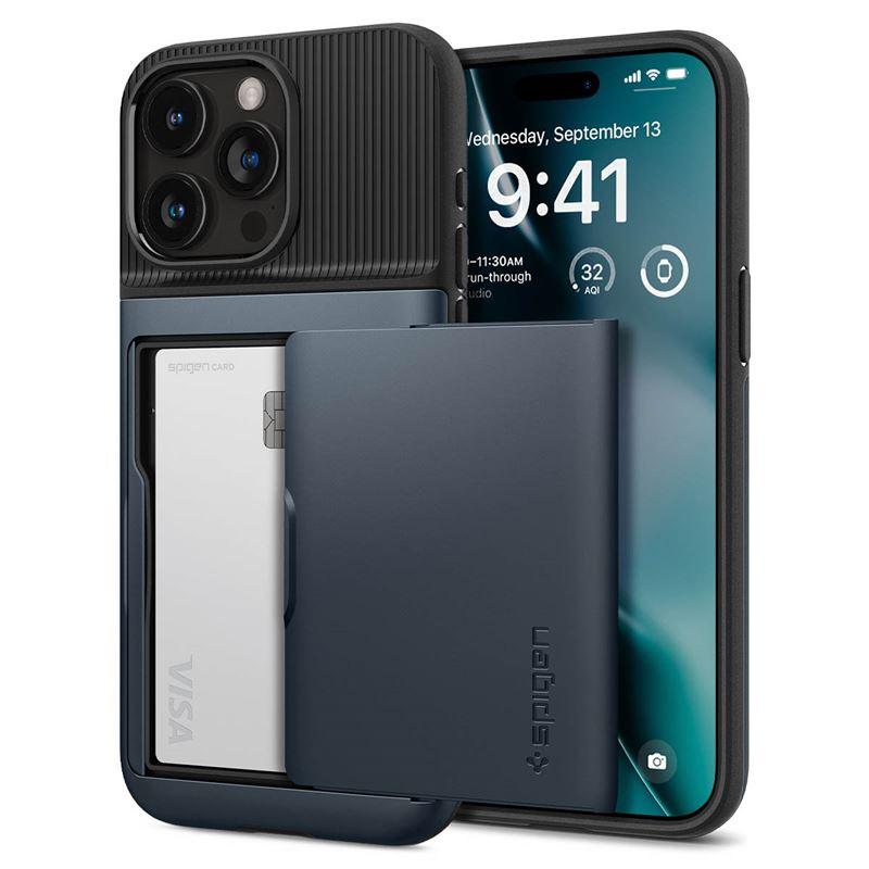 Хибриден кейс с отделение за кр. карти и най-висока степен на защита за iPhone 15 Pro - Spigen Slim Armor CS Case (тъмносин) | JAR Computers Хибриден кейс с отделение за кр. карти и най-висока степен на защита за iPhone 15 Pro - Spigen Slim Armor CS Case (тъмносин)