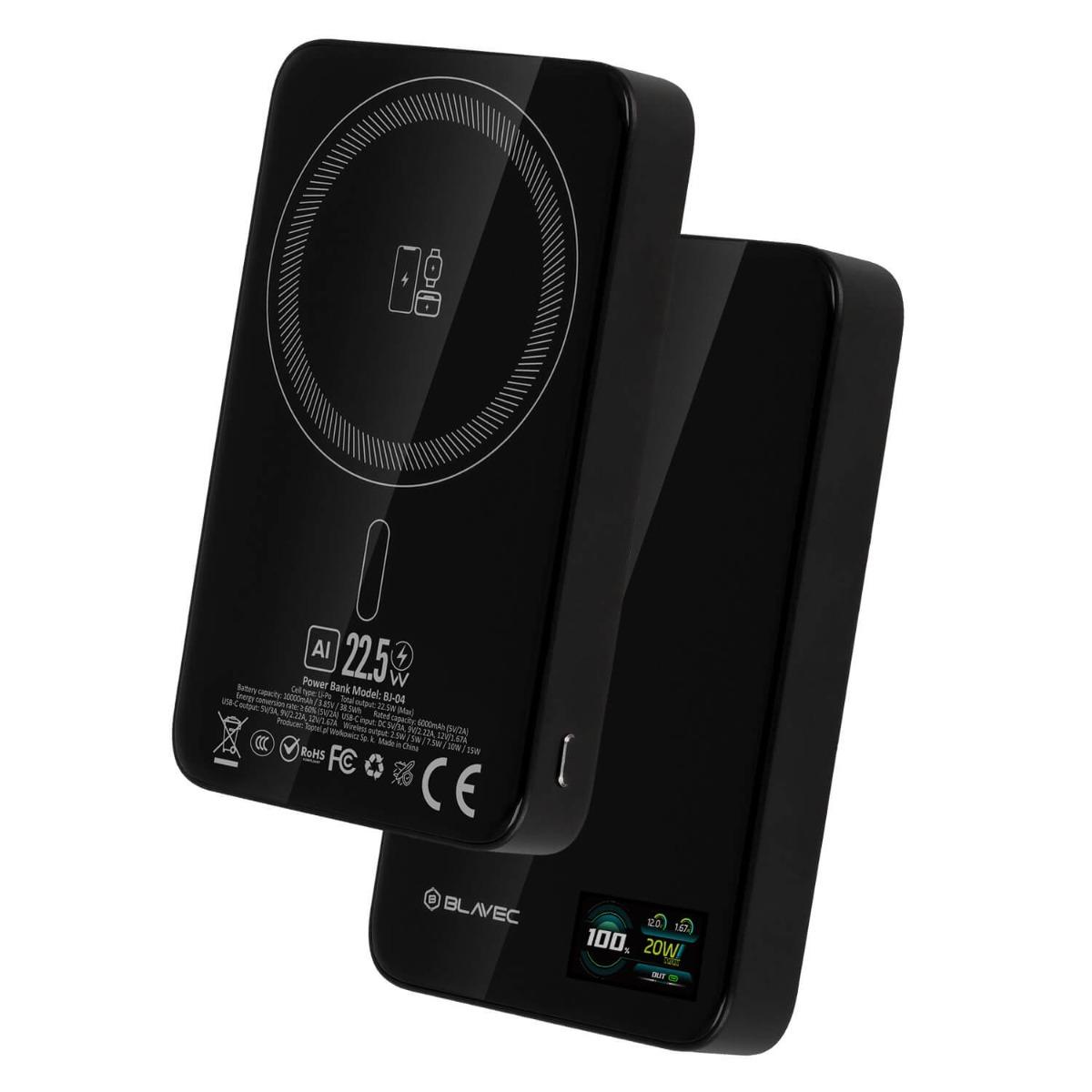 Преносима външна батерия с USB-C порт и безжично зареждане с MagSafe - Blavec Slim BJ-04 Magnetic Wireless Charging Power Bank 10000 mAh 22.5W (черен) | JAR Computers Преносима външна батерия с USB-C порт и безжично зареждане с MagSafe - Blavec Slim BJ-04 Magnetic Wireless Charging Power Bank 10000 mAh 22.5W (черен)