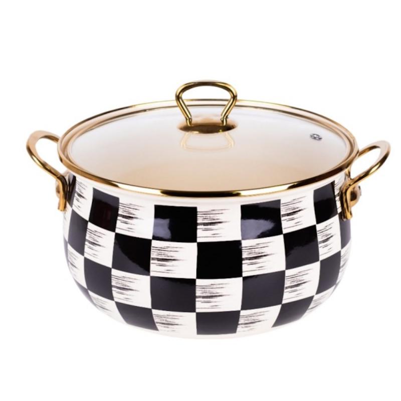 Тенджера Goldmann GM 8017-22BBL, 5L, 22x14 см, Емайлирана, Индукция, Бял/черен каре | JAR Computers Тенджера Goldmann GM 8017-22BBL, 5L, 22x14 см, Емайлирана, Индукция, Бял/черен каре