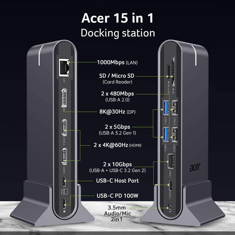 Acer Type C Universal docking station 15in1, 2 x HDMI 4K@60Hz, 1 x DP 8k@30Hz, 5 x USB A, 1 x USB C, 1 x RJ45, 1x SD /Micro SD, 1 x TF, 1 x Audio 3.5mm jack, Windows, ChromeOS, macOS, Gray | JAR Computers Acer Type C Universal docking station 15in1, 2 x HDMI 4K@60Hz, 1 x DP 8k@30Hz, 5 x USB A, 1 x USB C, 1 x RJ45, 1x SD /Micro SD, 1 x TF, 1 x Audio 3.5mm jack, Windows, ChromeOS, macOS, Gray